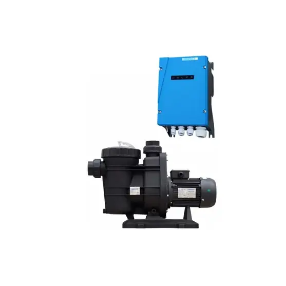 Lorentz solcellspumppaket PS2-1800 med hög efficiency max, blå rektangulär solpanelcontroller ovanför svart poolpump med elmotor och flera portar