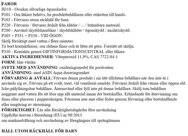 Aseko Oxy Pure Liquid -aktiivihapen etiketti, altaisiin ja porealtaisiin, 20 l