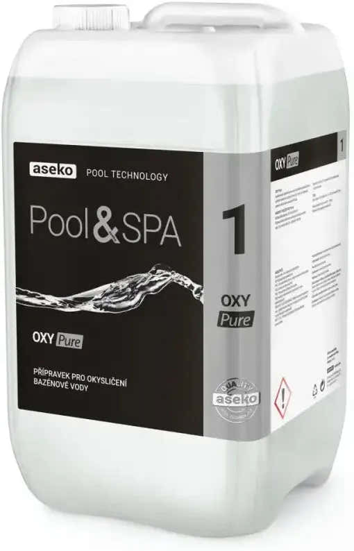 Valkoiset muovikanisterit, Aseko Oxy Pure Liquid -aktiivihappi altaisiin ja porealtaisiin, 20 l