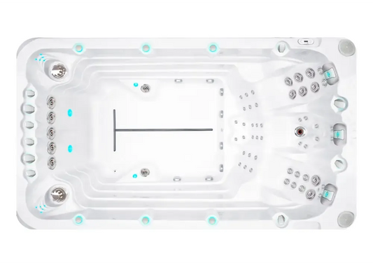 PassionSpa Activity 1 -swimspa-allas – valkoinen pinta, valkoinen sisäpinta, hopeanväriset hierontasuuttimet, turkoosi valaistus
