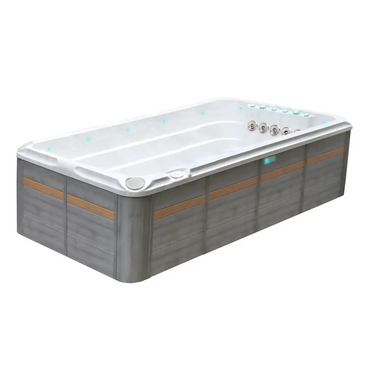 Modern PassionSpa Activity 2 Swim Spa med vit insida, grå träpanel och blå LED