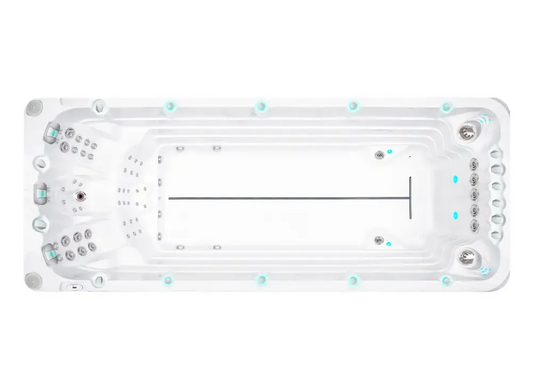 PassionSpa Activity 2 -swimspa-allas – Sport Collection, valkoinen pinta, suorakulmainen muoto, turkoosi valaistus, hopeanväriset hierontasuuttimet