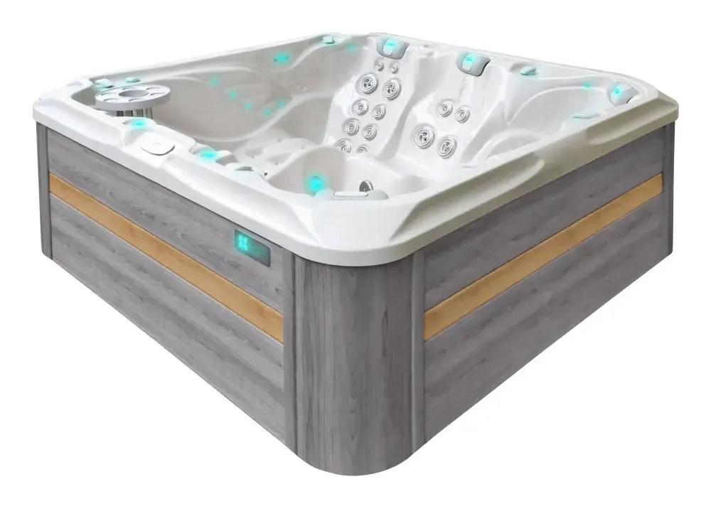 PassionSpa Admire -poreallas – valkoinen sisäpinta, harmaat puupaneelit, sininen valaistus