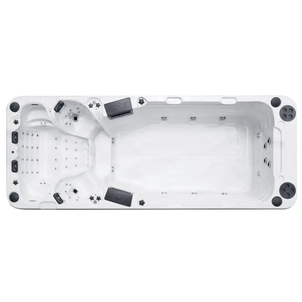 Vit PassionSpa Aquatic 5 Swim Spa – Sport Collection, vit rektangulär med svarta paneler och stjärnklippningar