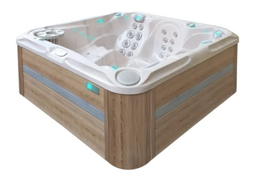 PassionSpa Delight -poreallas – valkoinen puukuvioinen pinta, hierontasuuttimet, LED-valaistus