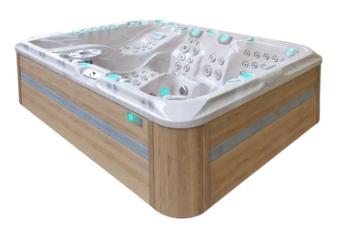 PassionSpa Ecstatic Mighty Wave -poreallas – moderni muotoilu, valkoinen sisäpinta, vaalea puuverhous, turkoosi valaistus