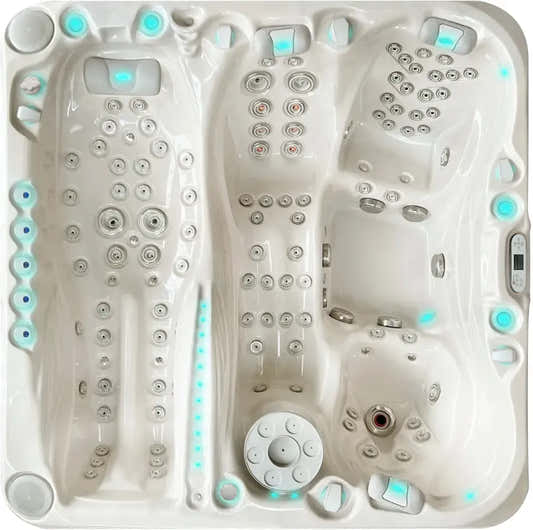 PassionSpa Euphoria Mighty Wave -poreallas – valkoinen pinta, valkoinen sisäpinta, hopeanväriset hierontasuuttimet, sininen LED-valaistus