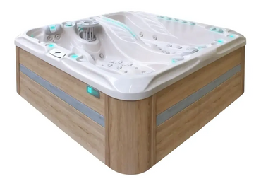 PassionSpa Euphoria Mighty Wave -poreallas – valkoinen akryyli, vaalea puuverhous, turkoosi LED-valaistus