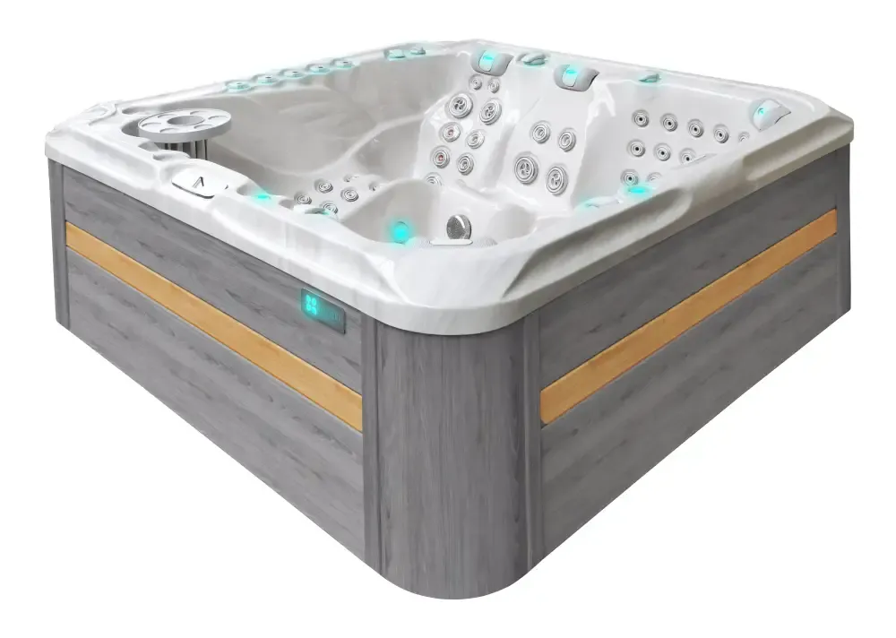 PassionSpa Exhilarate Mighty Wave -poreallas – harmaa ja beige puukuvioinen pinta, sininen valaistus