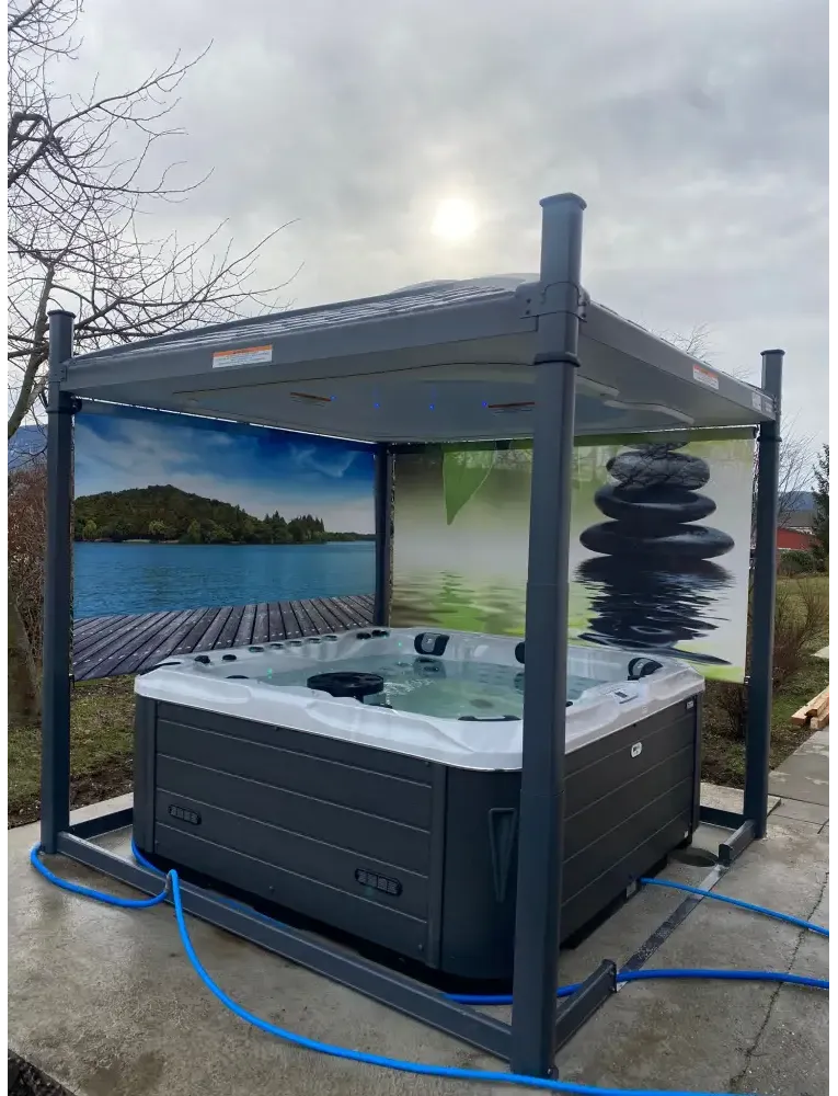 PassionSpa Felicity Mighty Wave -poreallas – tummanharmaa pinta, valkoinen sisäpinta, musta paneeli, katos luontoaiheisella kuviolla