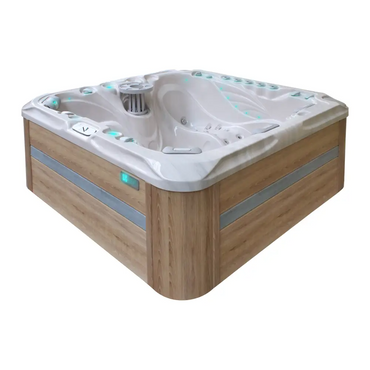 Modern vitvar hot tub PassionSpa Felicity med träpaneler och silverdetaljer