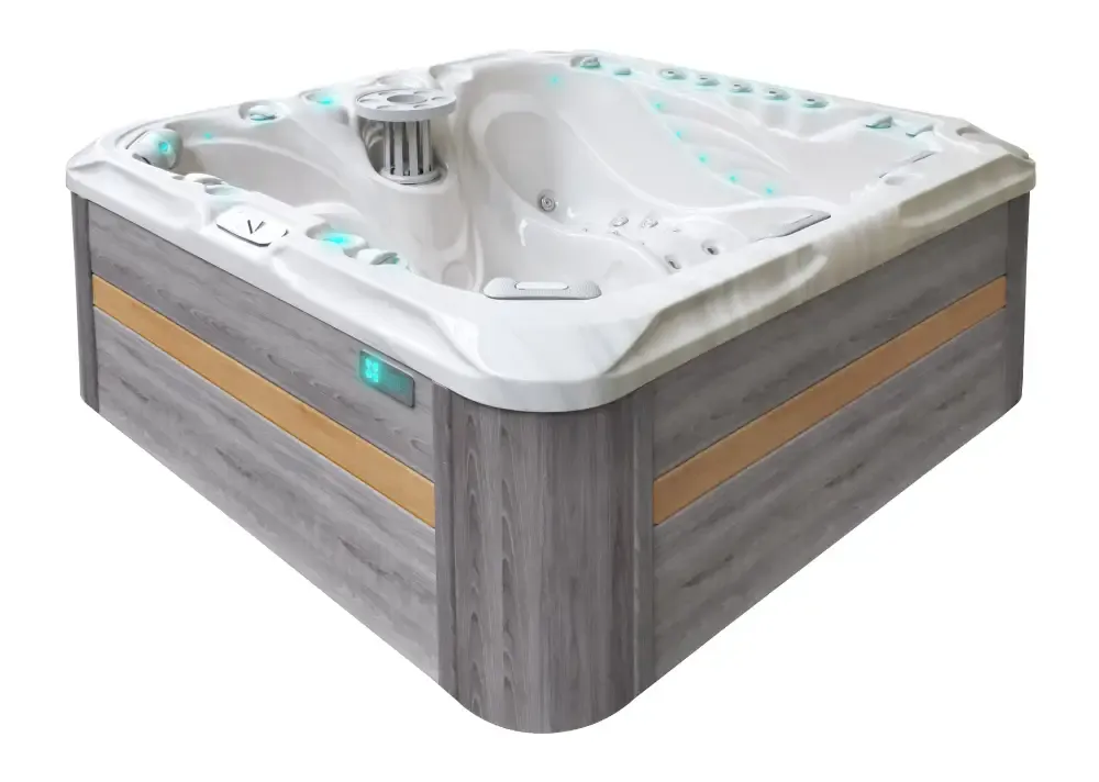 PassionSpa Felicity Mighty Wave -poreallas – moderni muotoilu, valkoinen pinta, harmaat puupaneelit, meripihkanvärinen yksityiskohta