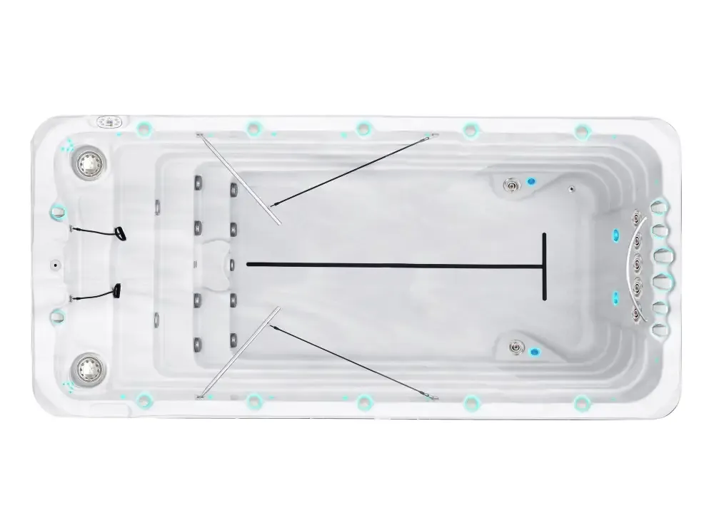 Vit PassionSpa Fitness 2 Deep Swim Spa – Sport Collection, vit rektangulär med jetstrålar och T-formad mittdel