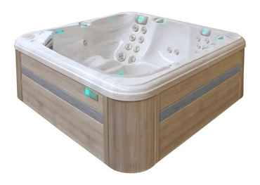 PassionSpa Reflect -poreallas – moderni muotoilu, valkoinen sisäpinta, vaalea puuverhous, harmaat raidat