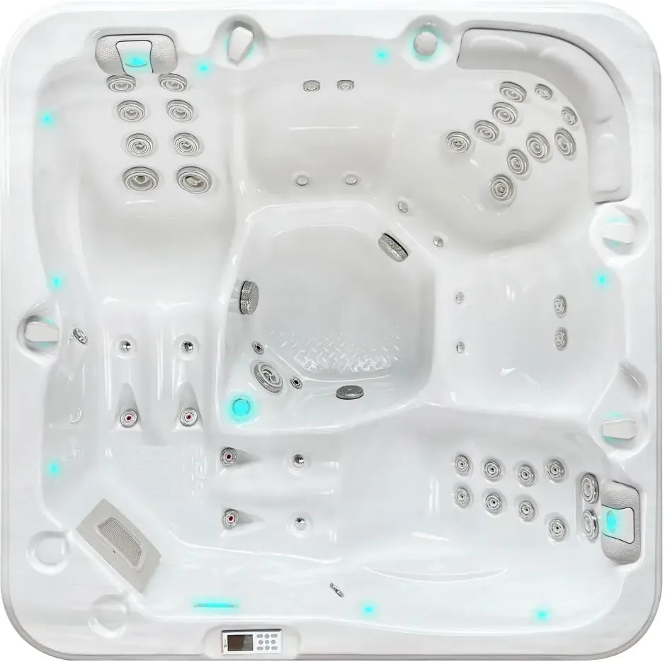 PassionSpa Relax -poreallas – Pure Collection, valkoinen pinta, valkoiset istuimet, hierontasuuttimet, sininen LED-valaistus