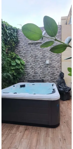PassionSpa Relax -poreallas – Pure Collection, tummanharmaa pinta, valkoinen raita, sininen vesi