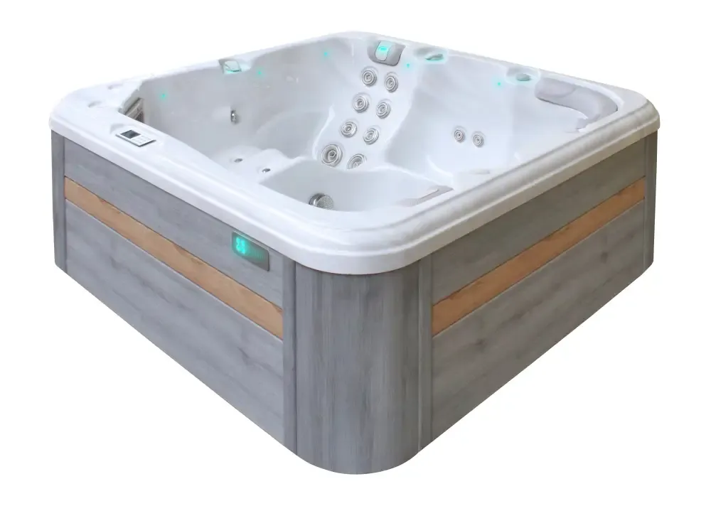 PassionSpa Relax -poreallas – harmaat puupaneelit, valkoiset hierontasuuttimet, turkoosi valaistus