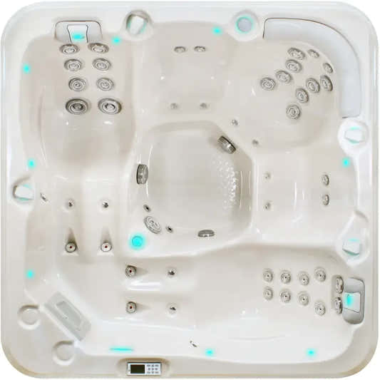 PassionSpa Relax -poreallas – Pure Collection, kermanvärinen pinta, hopeanväriset hierontasuuttimet, sininen LED-valaistus