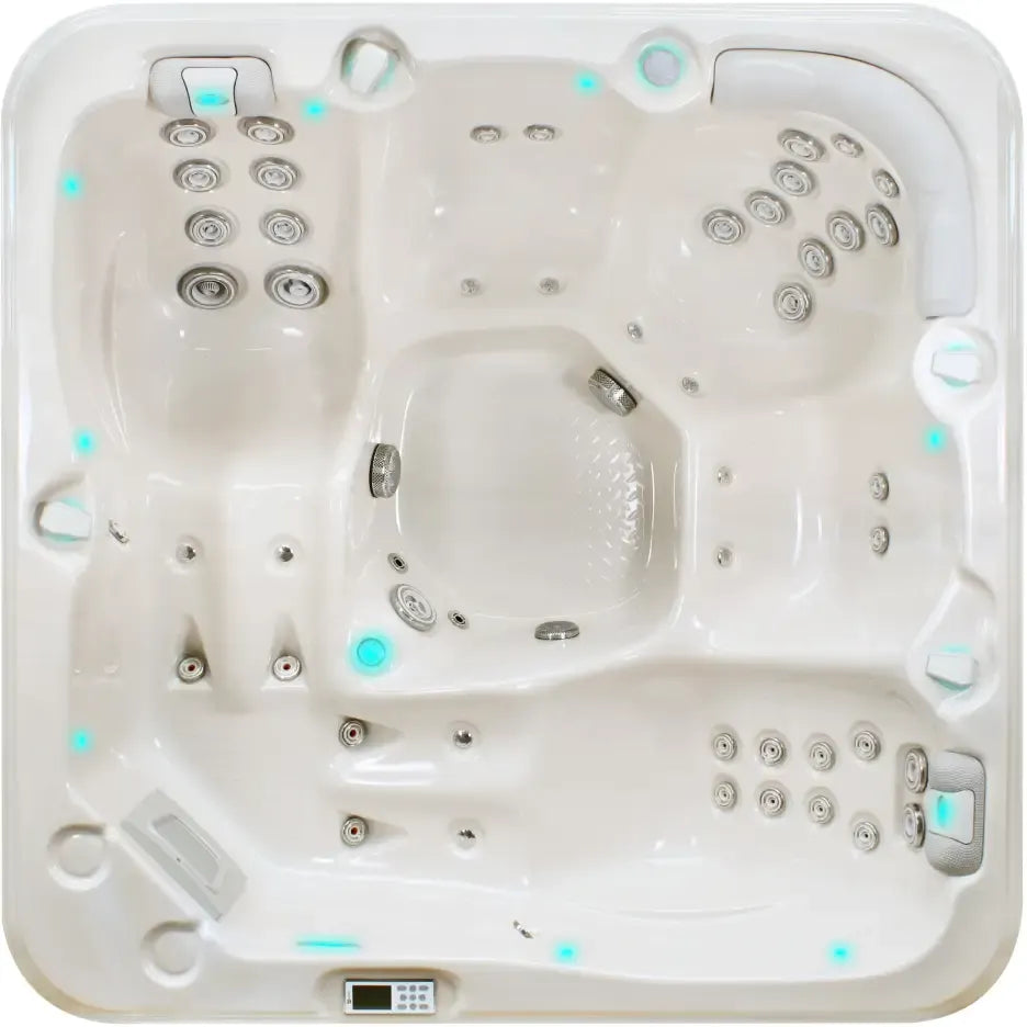 PassionSpa Relax -poreallas – Pure Collection, kermanvärinen pinta, hopeanväriset hierontasuuttimet, sininen LED-valaistus