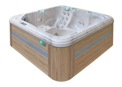 PassionSpa Relax -poreallas – moderni muotoilu, vaalea puuverhous, valkoinen sisäpinta, hierontasuuttimet, sininen LED-valaistus