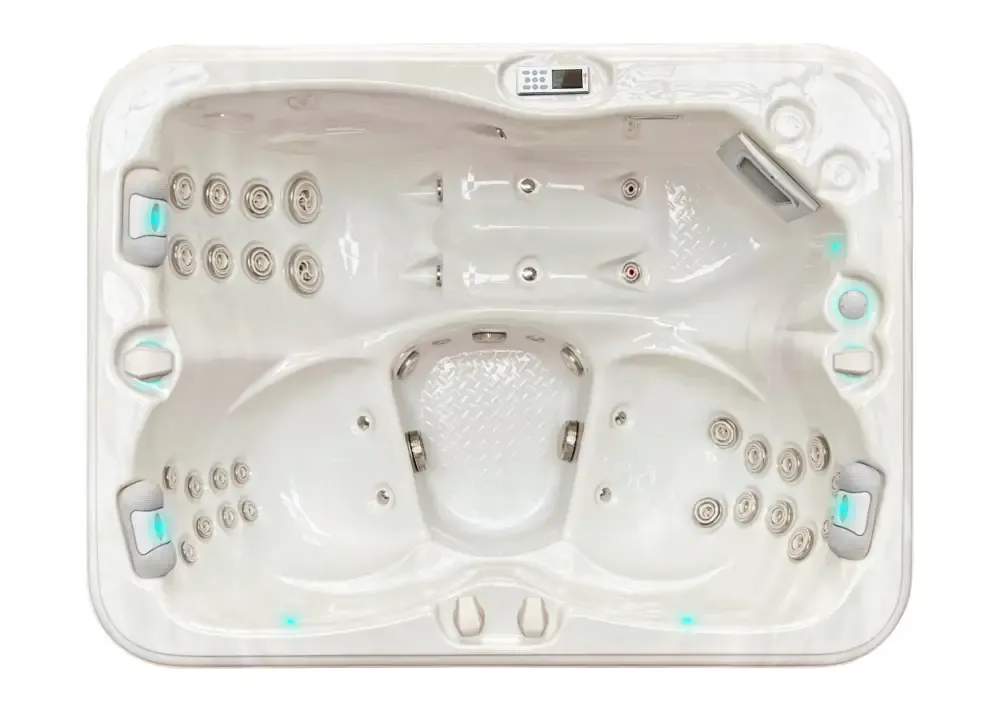 Vitvitt akrylbadkar PassionSpa Renew Spabad Pure Collection med silvermunstycken och ljusblå belysning