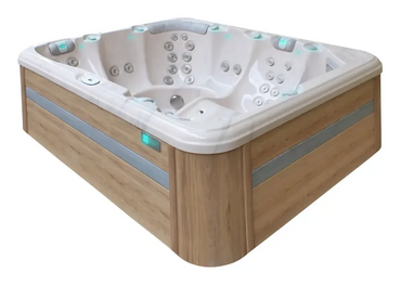 PassionSpa Repose -poreallas – moderni muotoilu, valkoinen pinta, puukuvioinen pinta, LED-valaistus