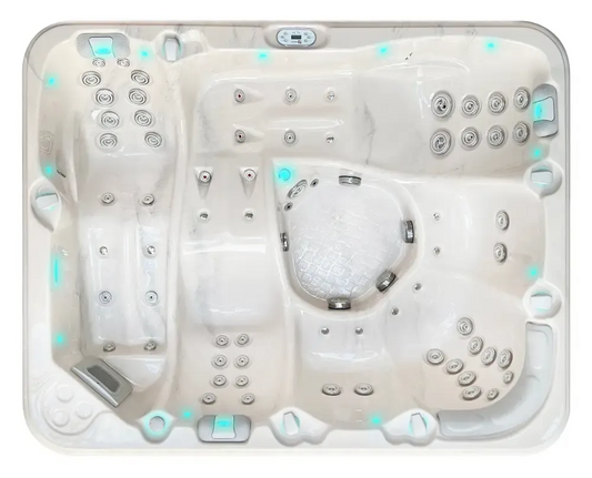 PassionSpa Repose -poreallas – Pure Collection, valkoinen akryyli, hopeanväriset hierontasuuttimet, sininen LED-valaistus
