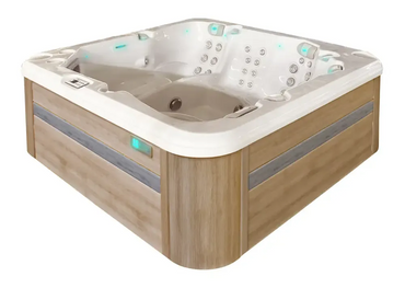 PassionSpa Retreat -poreallas – moderni muotoilu, vaalea puuverhous, valkoinen sisäpinta, hierontasuuttimet, sininen LED-valaistus