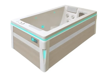 PassionSpa Serene 2 -poreallas – beige ja valkoinen, moderni muotoilu, turkoosilla LED-valolla valaistut reunat