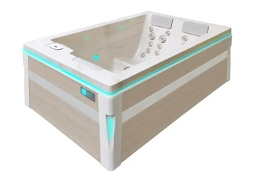 PassionSpa Serene 3 -poreallas – vaalea puuverhous, valkoinen sisäpinta, turkoosi LED-valaistus