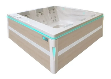 PassionSpa Serene 6 -poreallas – moderni muotoilu, suorakulmainen muoto, vaalea puuverhous, valkoinen sisäpinta, turkoosi LED-valaistus