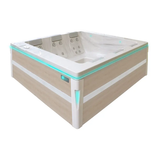PassionSpa Serene 6 -poreallas – vaalea puuverhous, valkoinen sisäpinta, turkoosi LED-valaistus