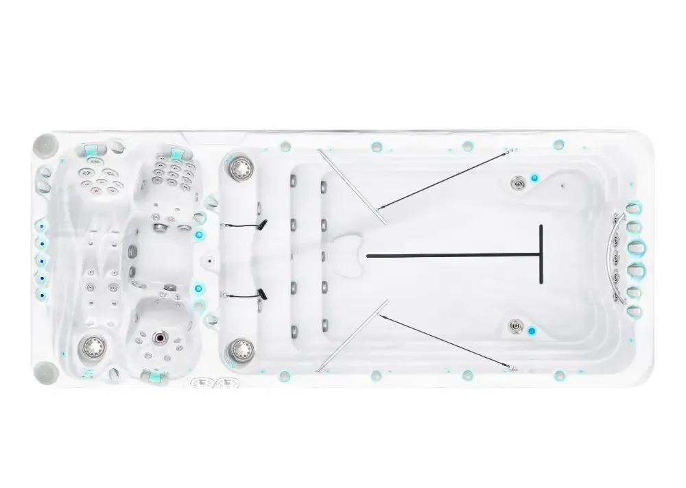 Vit PassionSpa Spirit Deep Swim Spa med vit bad, ljusblå belysning och jetmunstycken