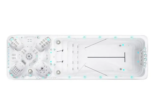 PassionSpa Vitality Deep -swimspa-allas – valkoinen pinta, istumapaikat, hierontasuuttimet, sininen valaistus