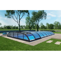 Blå böjd glas Pooltak Dallas 3x6 i klar kanalplast med svart ram