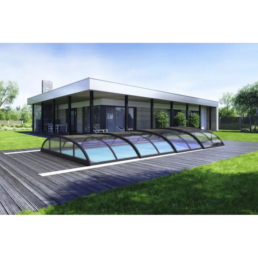 Modernt bågat pooltak smart med klar kanalplast och svart ram