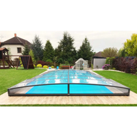 Pooltak Sydney i blåtonat glas med slank metallram i antracit enkelskena