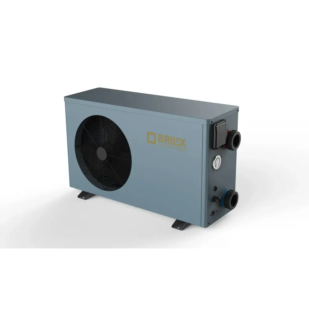 Grå Brilix XHPFDPLUS 9kW R32 poolvärmepump utomhusmodell med svart fläkt och rör