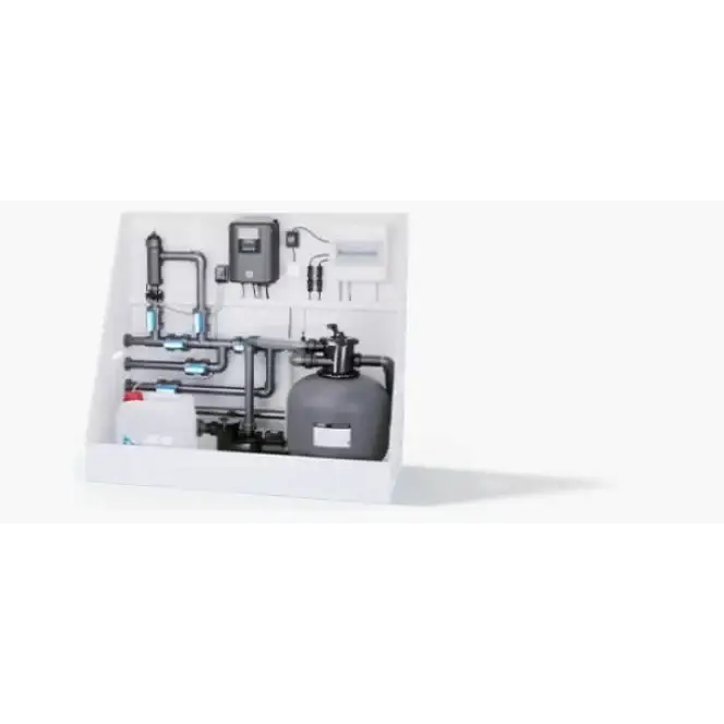 Grå cylindrisk sandfiltertank i Thermopp Poolpaket Qbig-system