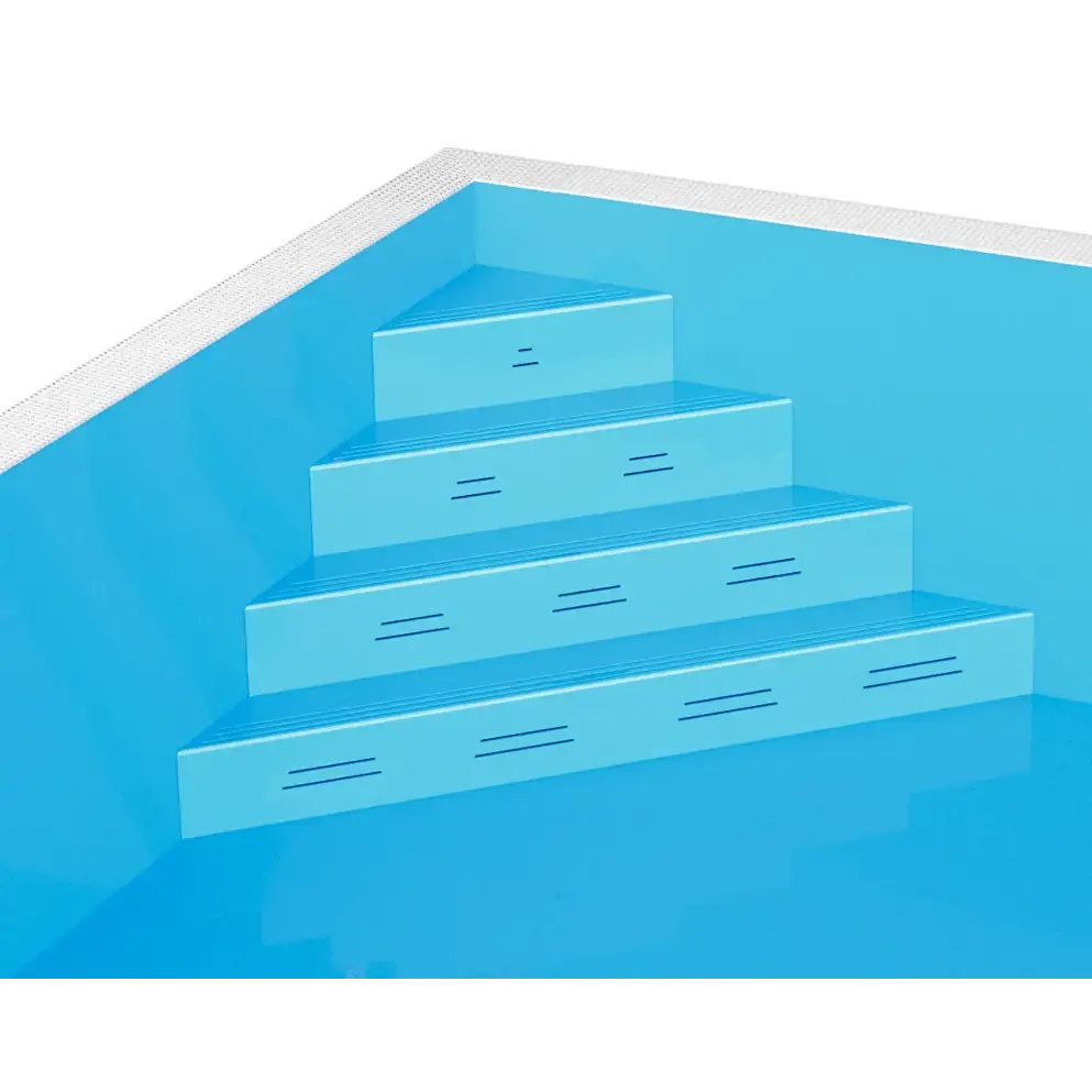 Blå pooltrapp med räfflor och vit kant i Thermopp Poolpaket Qbig