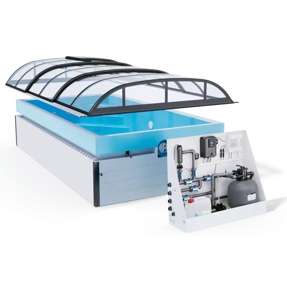 Modern Thermopp Poolpaket Qbig med vit ovanjordpool och glasdach