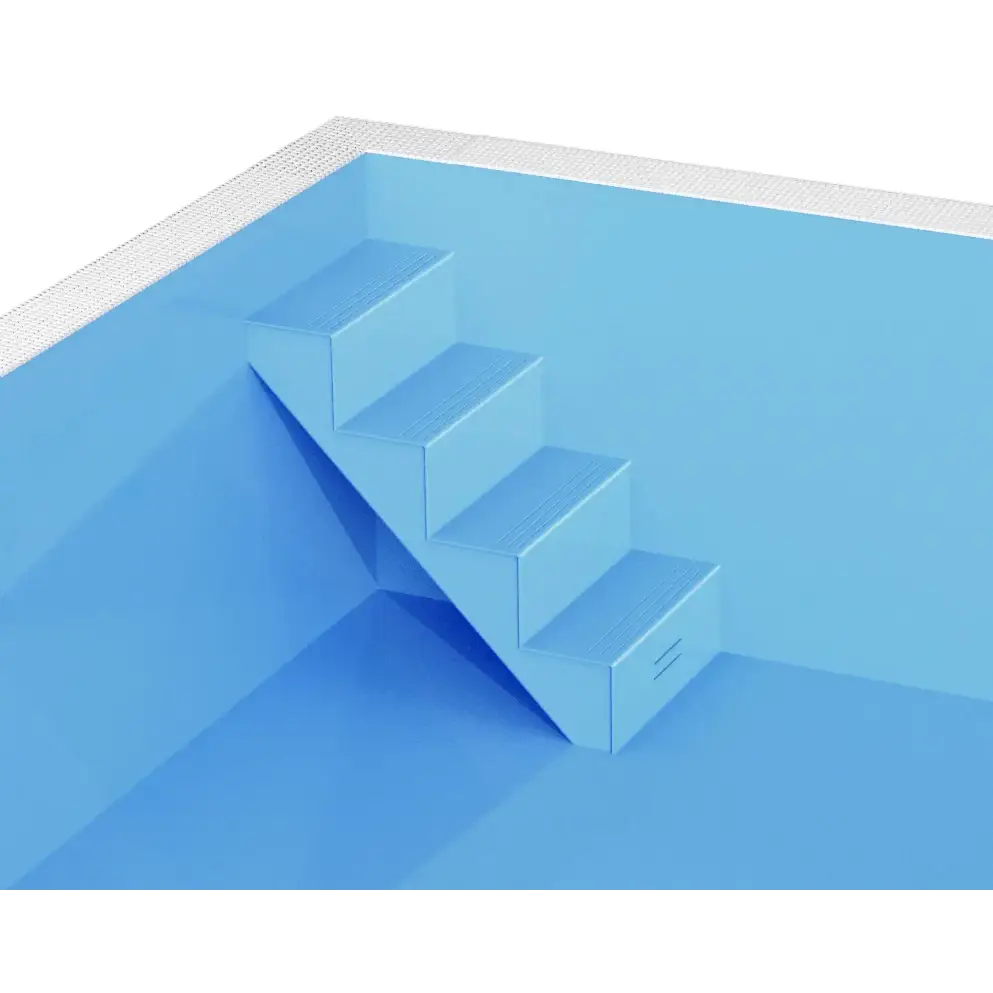 Blå pooltrappa med texturerade steg och vit kaklad kant i ThermoPP Poolpaket QBig 3×7