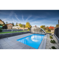 Blå rektangulär pool med genomskinlig valv och grå stenplattor, ThermoPP Poolpaket QBig 3×7