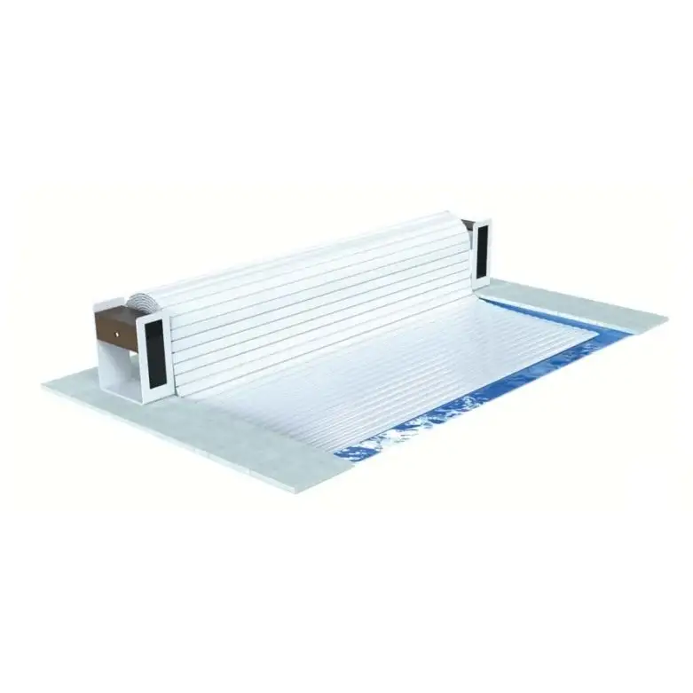 Vit Top One ovanmark 3m bredd poolöverdrag med blå kant och trähandtag