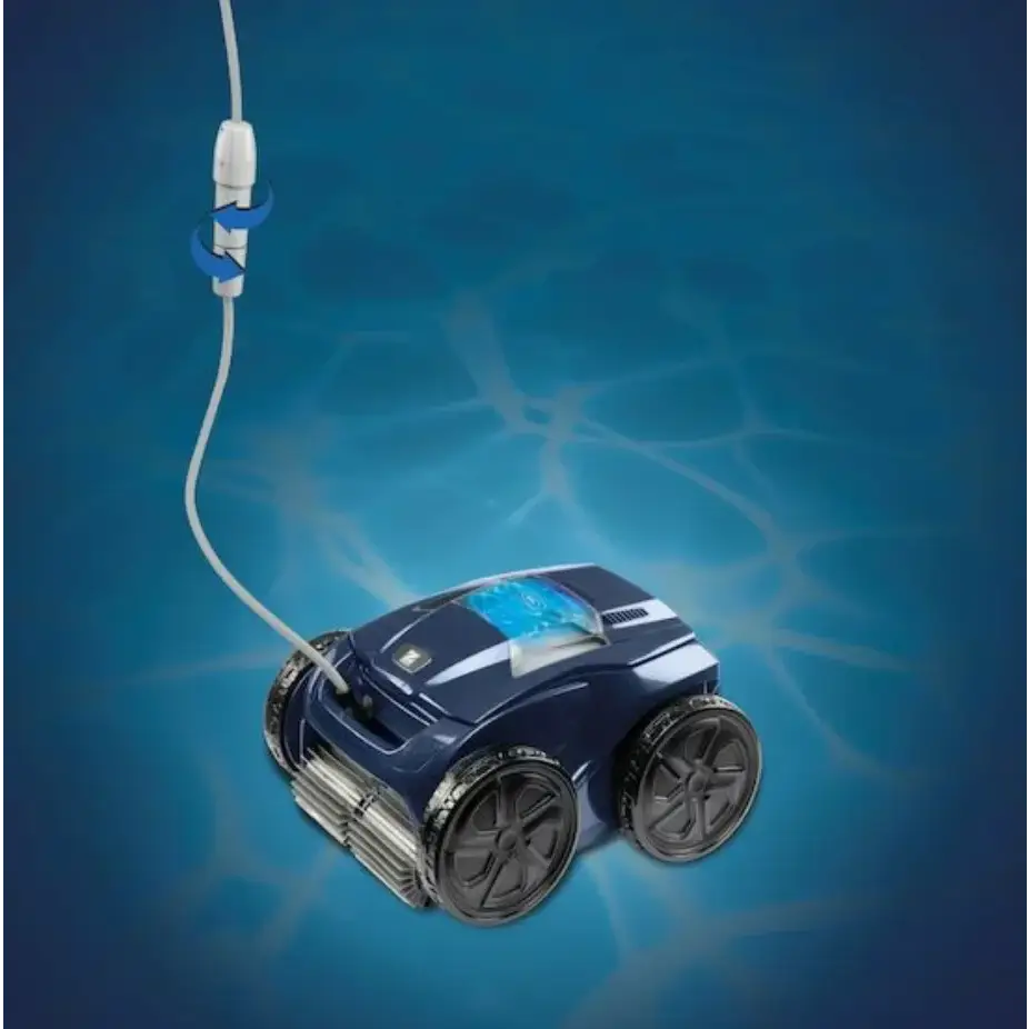 Blå robotisk poolrengörare med konstant cyklonal aspiration och transparent panel